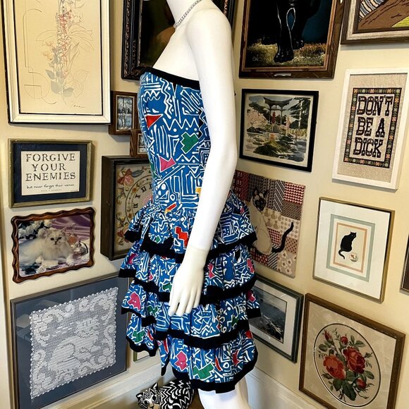 90s Vintage Blue Black Crazy Print Strapless Mini Dress with Tiered Ruffle Skirt - Picture 3 of 5